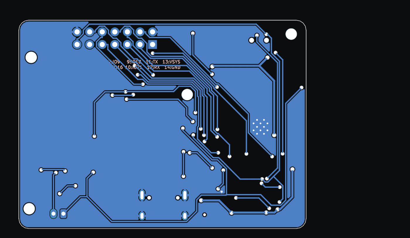 Back copper of the Warren board with the pin map printed in silkscreen next to the header