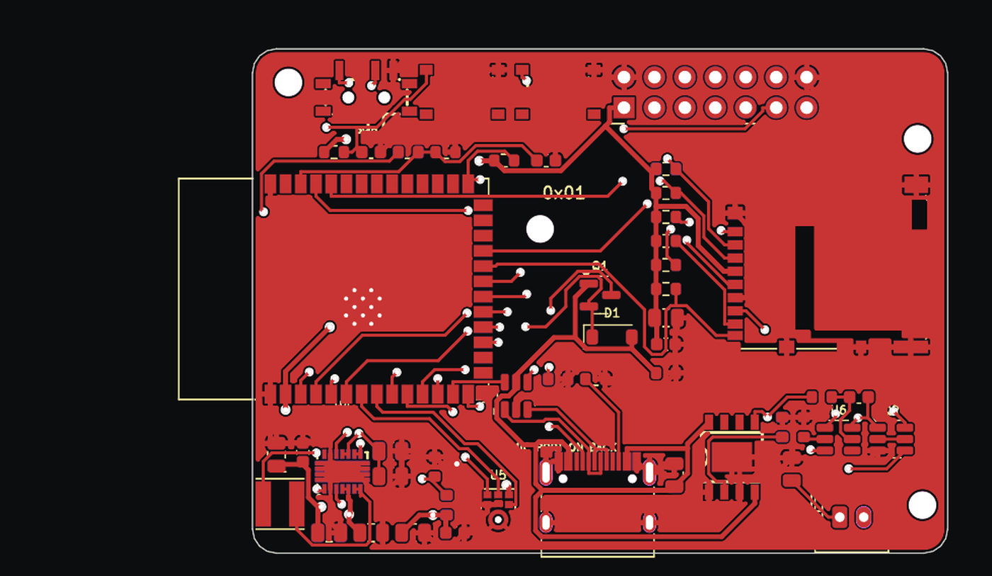 Front copper and silkscreen of the Warren board: ESP32-S3 module, USB-C, castellated edge pads and a keep-out under the antenna