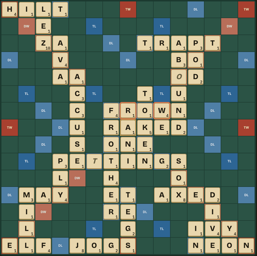 A Wordrack board mid-game, dense with interlocking words on colored premium squares